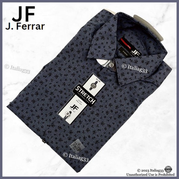 J FERRAR Stretch Slim Men’s Dress Shirt Top Long Sleeve Easy Care Navy Floral S - Picture 1 of 14